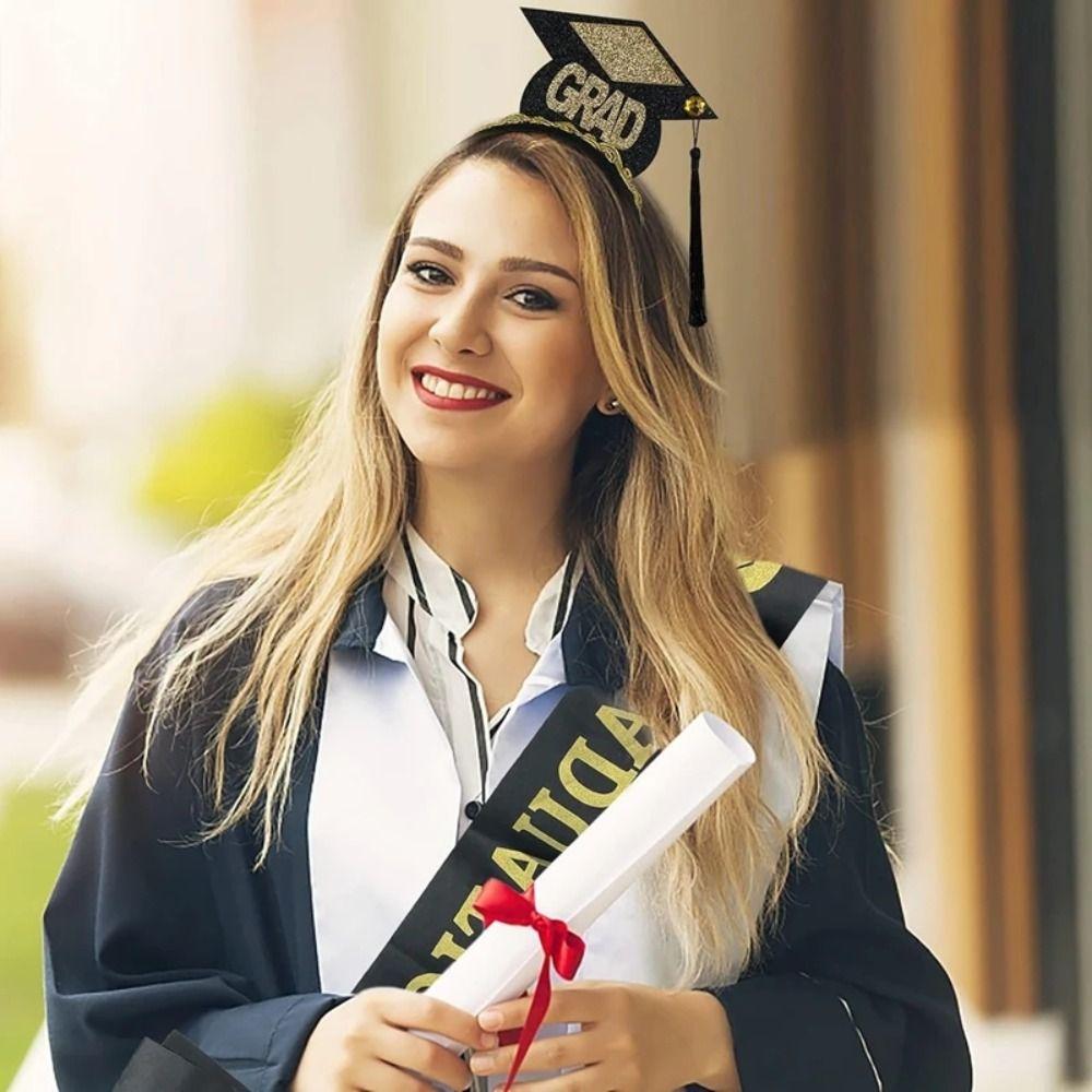 

Exquisite Grad Cap Headband With Letters Printed Mini Bachelor Hat Welcome Party