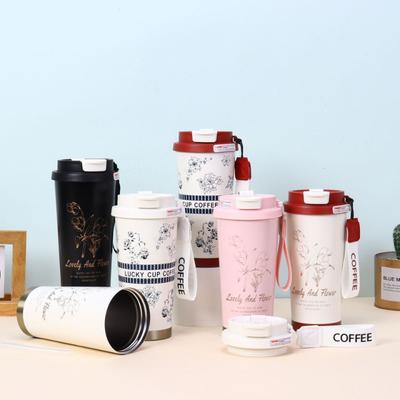 500ml Vintage Lily of the Valley Print 304 Stainless Steel Coffee Tumbler, Dual Drink Insulated Travel Cup with Carry Lanyard