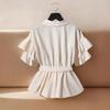 Summer New Women's Elegant Belted Striped Long-sleeved Shirt Ruffled Short-sleeved Top