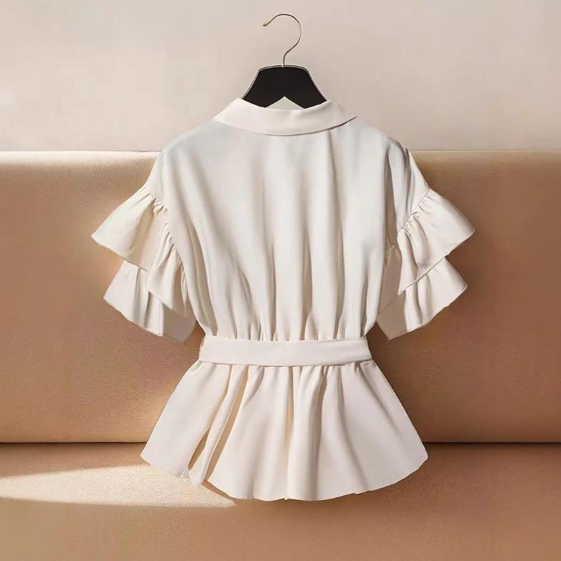 Summer New Women's Elegant Belted Striped Long-sleeved Shirt Ruffled Short-sleeved Top