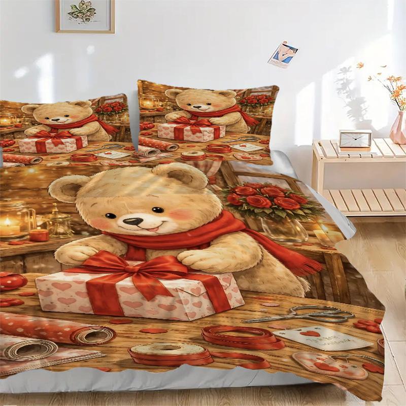 3pcs Anime Teddy Bear Bedding Set - Includes One Quilt Cover and Two Pillowcases (No Core) - Festive Gift for Home Decor, Bedroom and Guest