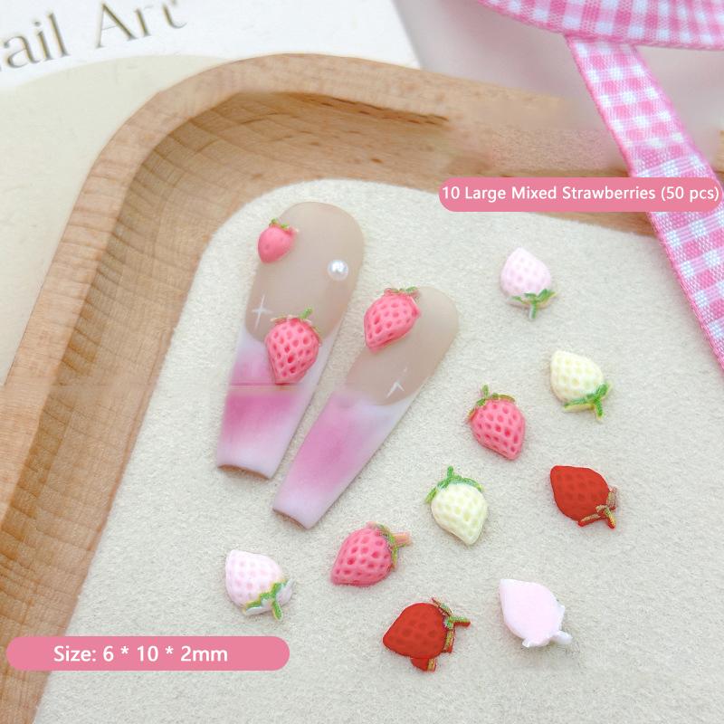 50Pcs Sweet Strawberry Nail Charms 3D Resin Cartoon Fruits Nail Rhinestones Decorations Parts Diy Summer Nail Art Accessories