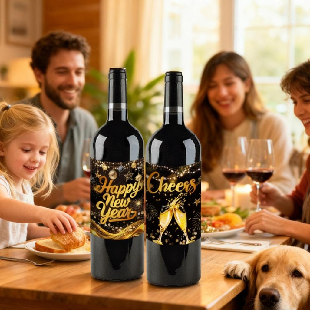 Happy New Year Wine Bottle Label Sticker 2026 Happy New Year Self-Adhesive Party Decoration Black Gold Beer Bottle Label Sticker