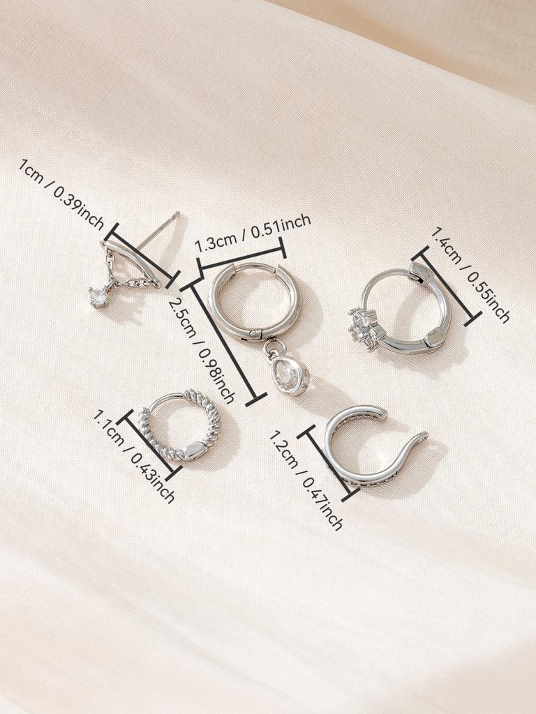 5pcs/set Fashionable Cubic Zirconia Star & Water Drop Design Linked Earring Set, Daily Wear Copper Jewelry
