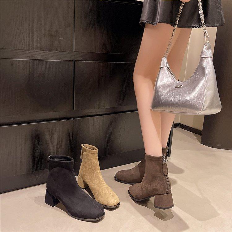 Thick-soled Martin boots women's 2025 autumn new thick heel square head velvet short boots Korean high-heeled thin small ankle boots