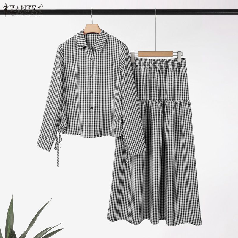 ZANZEA Dámská halenka s dlouhým rukávem a dlouhá sukně, ležérní dvoudílné soupravy