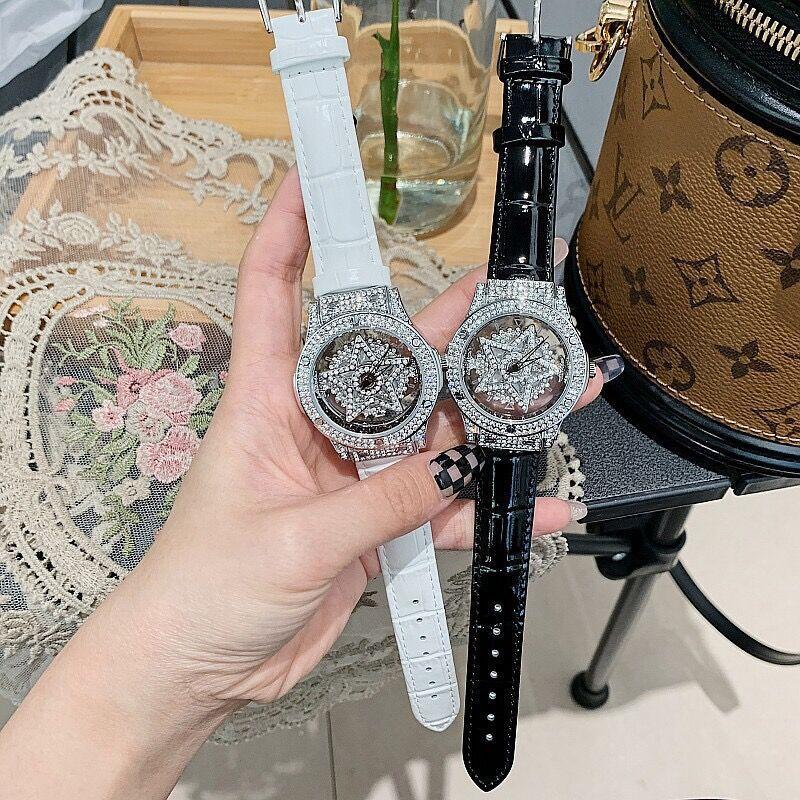 Damen Uhr Rad 360 ° Drehung Fünf Sterne Hohl Voll Strass Weiblich Uhr Uhren