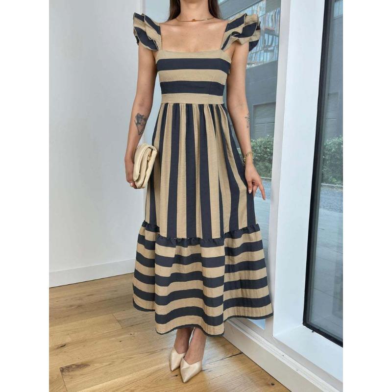 

VEZFAA Женская мода лето весна полосатый принт короткий рукав квадратный воротник высокая талия повседневные платья XL абрикосовый