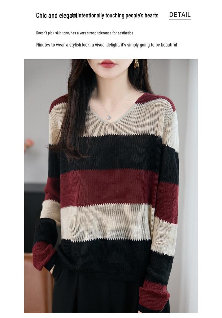 Korean Color Block V-Neck Knit Sweater - Women's Casual Striped Loose Fit for Early Autumn