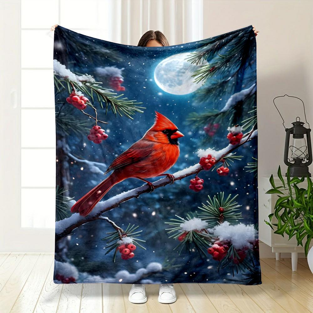 Red Cardinal Bird on Snowy Pine Branch Design Warm blanket Flannel blanket for bedroom, living room, sofa, and nap sofas