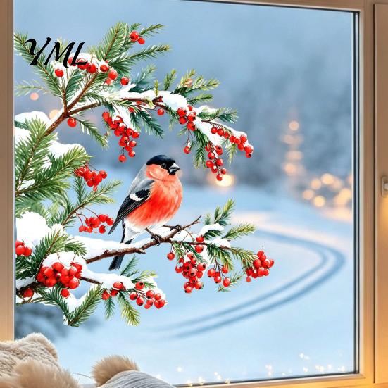 Winter Atmosphere Decor Bullfinch And Red Berries Static Glass Sticker, Watercolor Bird Decal, Window Decals Removable PVC Cling for Home Store