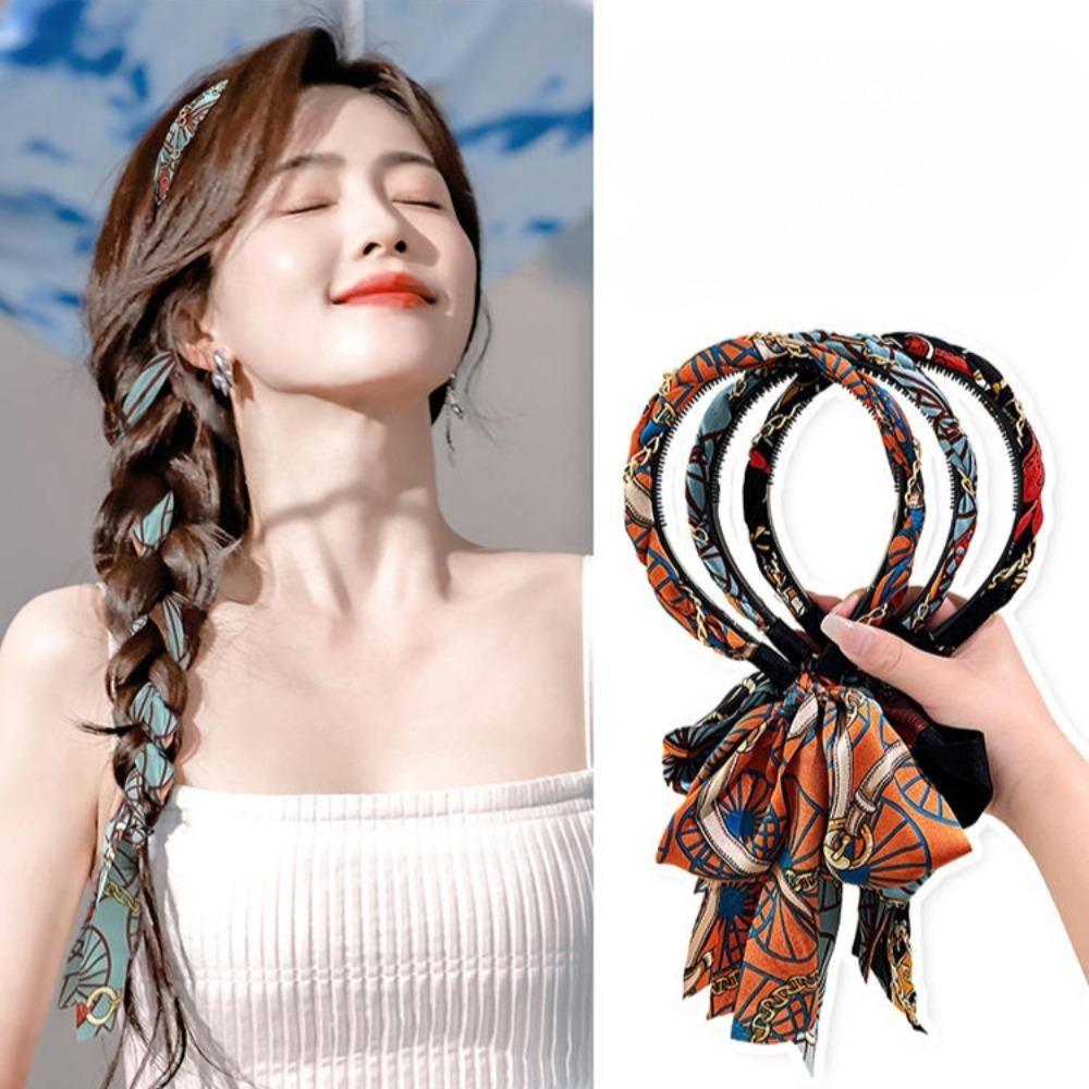 Fascia Lunga Colorata Stampata per Capelli da Donna Moda Nastro Intrecciato Legato ai Capelli Copricapo Accessori per Capelli Femminili