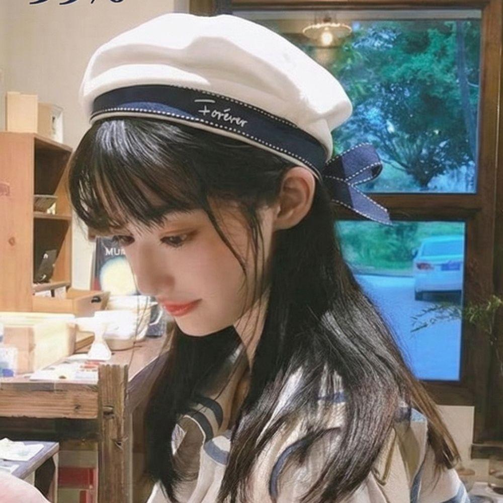 Sweet Bow White Beret Hat Fashion Personality Bowknot Tie Uniform Hat Japanese School Style Nurse Cosplay Hat Jk Navy Sailor Hat