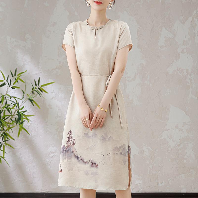 

Mom s Elegant Summer Dress - 2026 Chinese Style Retro Skirt with Round Neck and Short Sleeves for Middle-Aged Women XL (90-105 Jin) бежевий