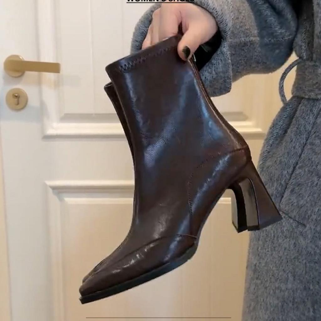 Leather high heels short boots women's autumn and winter square head Martin boots black velvet thick heel thin boots
