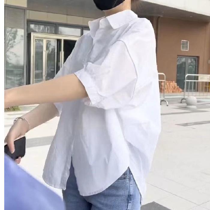 

Хлопковая тонкая женская блузка со средним рукавом, летняя новая свободная модная нестандартная рубашка, повседневная одежда для отдыха в Корейском стиле для женщин M белый