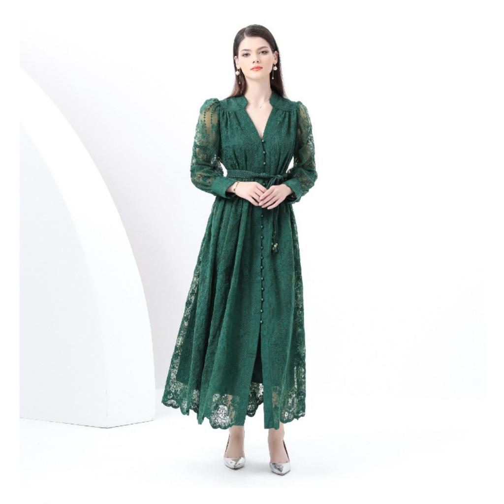 Women's V Neck Long Sleeve Maxi Dress Slim Fit High Waist Elegant Lace A Line Dress