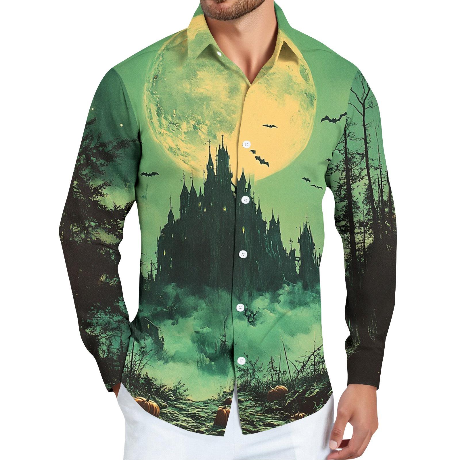 

Мужская рубашка с длинным рукавом на пуговицах с принтом на Хэллоуин XXXL зелёный