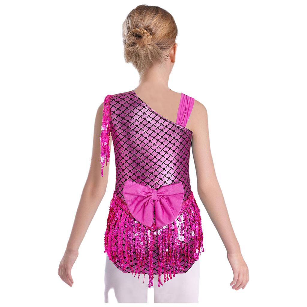 Dívčí třpytivé flitry rybí šupiny leotard mašle na zádech třásně body tanec soutěž party outfit