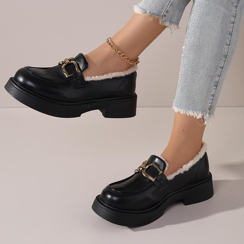 

New Women s Platform Loafers - Faux Fur Lined Winter Shoes Chunky Heel Slip On Casual Shoes Retro Metal Buckle Shoes 40