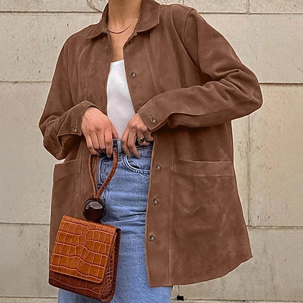 European and American autumn women s jacket temperament elegant retro imitation leather lapel velvet women s jacket S коричневый