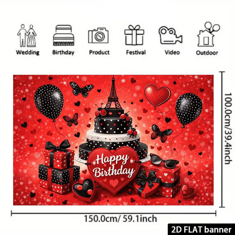 2D Birthday Photography Background, French Paris & Ladybug Themed Party Backdrop Banner