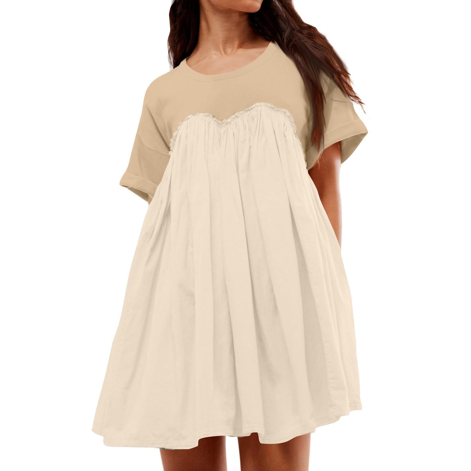 Women s Fashion Round Neck Short Sleeve Pleated Patchwork Dress With Pockets XL хаки