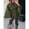 Womens Winter Elegant Wool Blend Cape Coat With Belted Waist Stand Collar