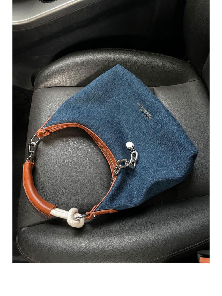 2025 Versatile Retro Hong Kong Style Color Block Denim Tote & Shoulder Bag for Women