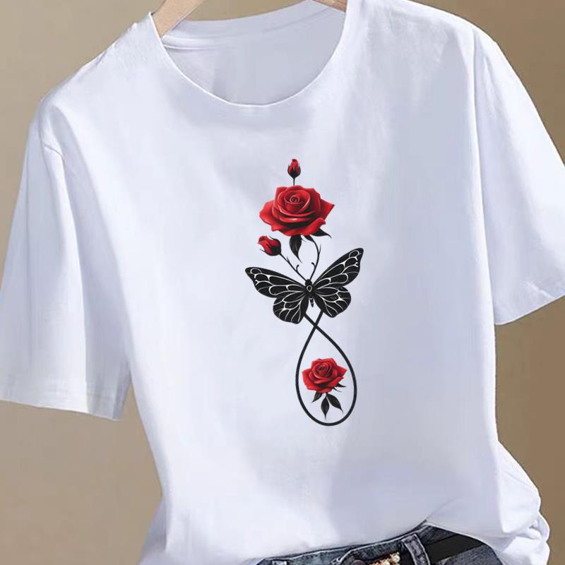 (Asian Size) Women printing Fashion Tee love heart flower cute Top Clothing T Shirt Woman Print Female Short Sleeve Graphic T-shirts