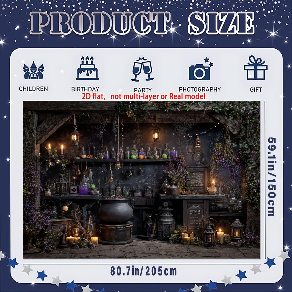 2D Flat 1 Piece Halloween Witch Kitchen Background - Evil Witch Hut with Boiler Potion Bottle and Lantern
