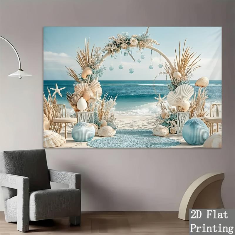 1 piece of 2D flat beach-themed background fabric | Polyester shell arch design - for indoor/outdoor decoration