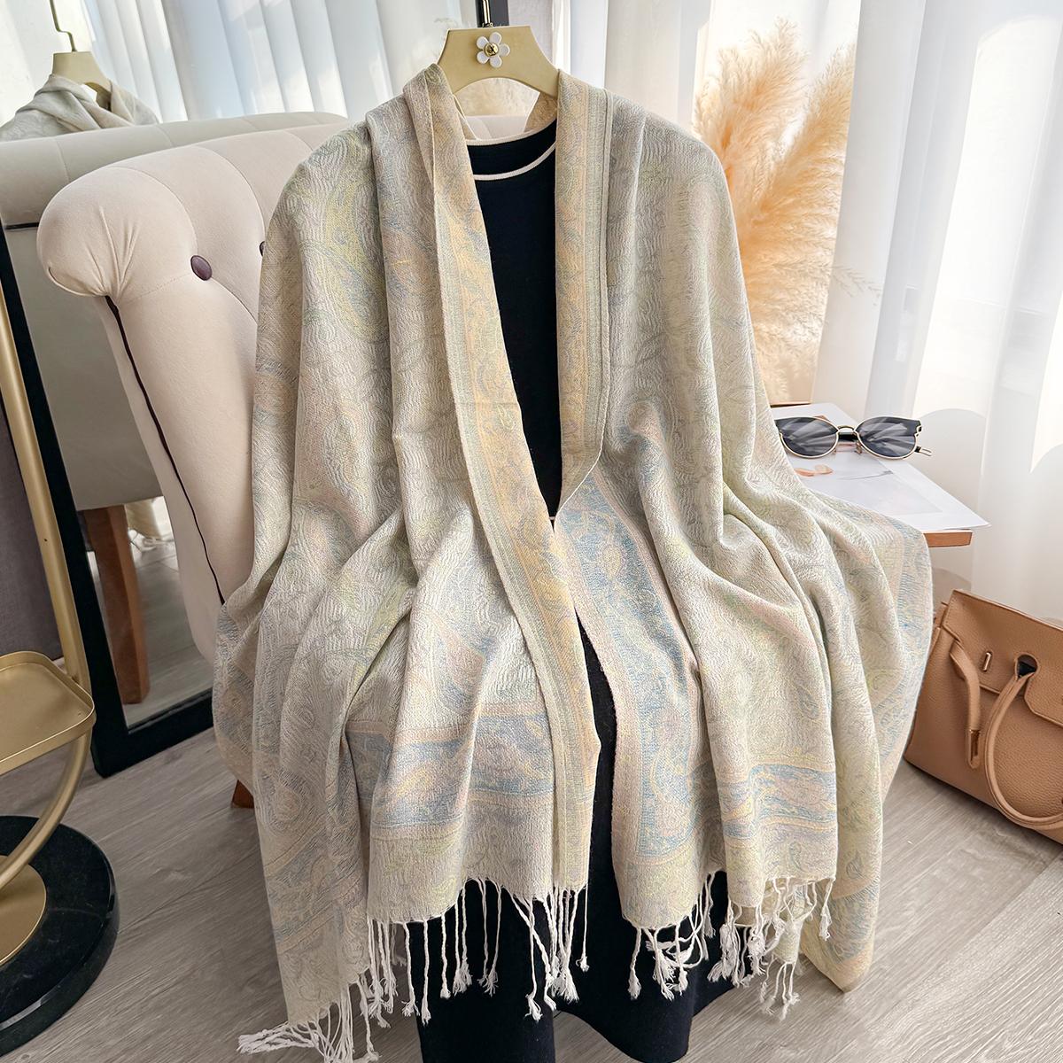 

Winter Thick Pashmina Accessory For Women Tassel-Edged Blanket Design Timeless Paisley Pattern Warm Shawl Wrap & Multi