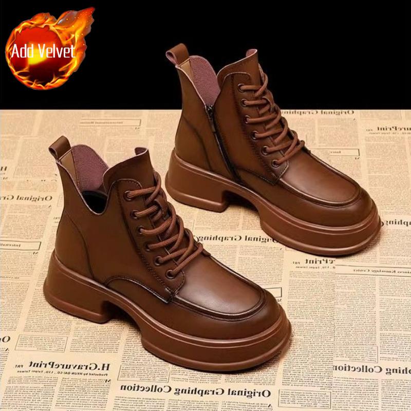 Round Toe Platform Lace-up Booties Leather Fleece-Lined Ankle Boots for Women Autumn Winter Trend 2025 Goth Woman Short Shoes