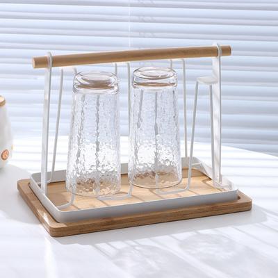 Iron Cup Drying Rack with Wood Handle & Drip Tray Baby Bottle Dryer Holder Space-Saving Countertop Organizer for Mugs