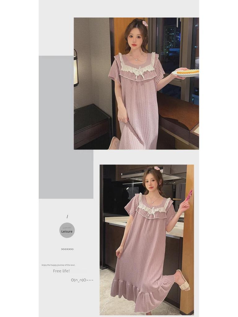 Women's Plus Size Cotton Short-Sleeve Nightdress - Sweet, Loose Fit, Summer Pajamas for Comfort Up To 200 Pounds