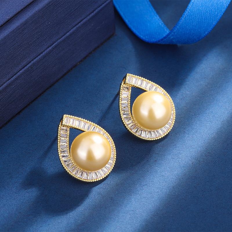 Jewelry Copper Bottom Gold-Plated Inlaid Light Gold Pearl Geometric Diamond-Set Texture Set 16Mm14Mm