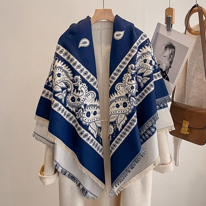 Fashion  Women'S Faux Cashmere Winter Shawl Vintage Print Tassels Thick Warm Pashmina Two-Sided Outdoor Scarf Wraps Foulard