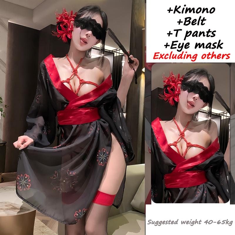 New Japanese Kimono Women Bathrobe Sexy Lingerie Phantom See Through Deep V Black Dress Binding Restraint Panties Set Costumes