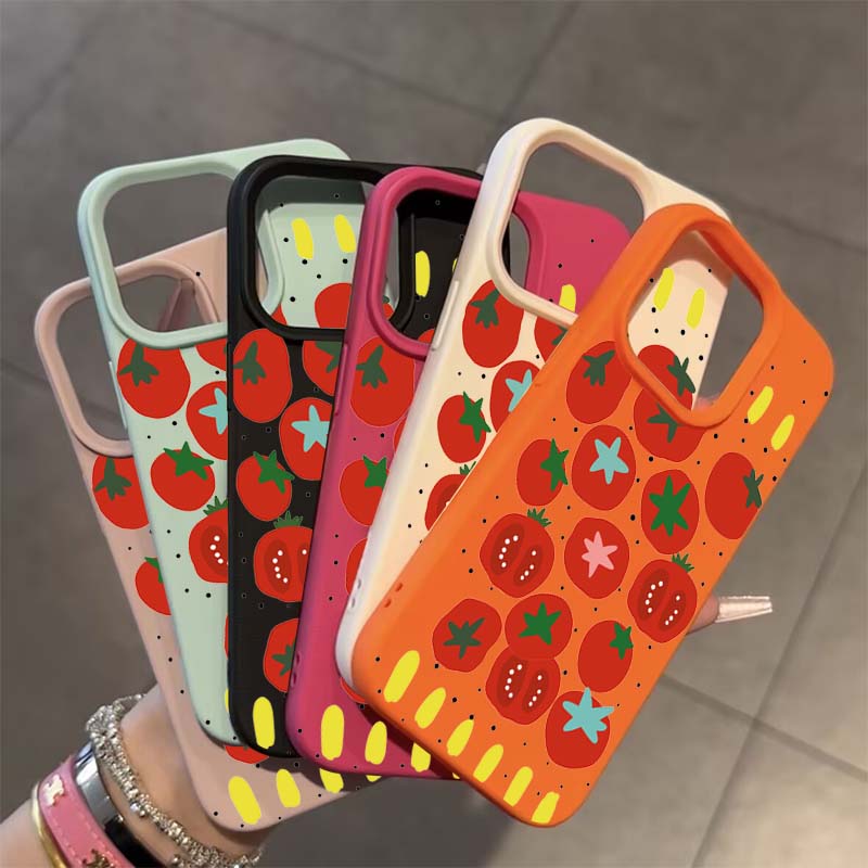 Case For iPhone 11 12 13 14 15 16 Pro Max New Ins Creative Tomato Print Lichee Pattern Cover For iPhone XS Max X XR 16 Plus 16e