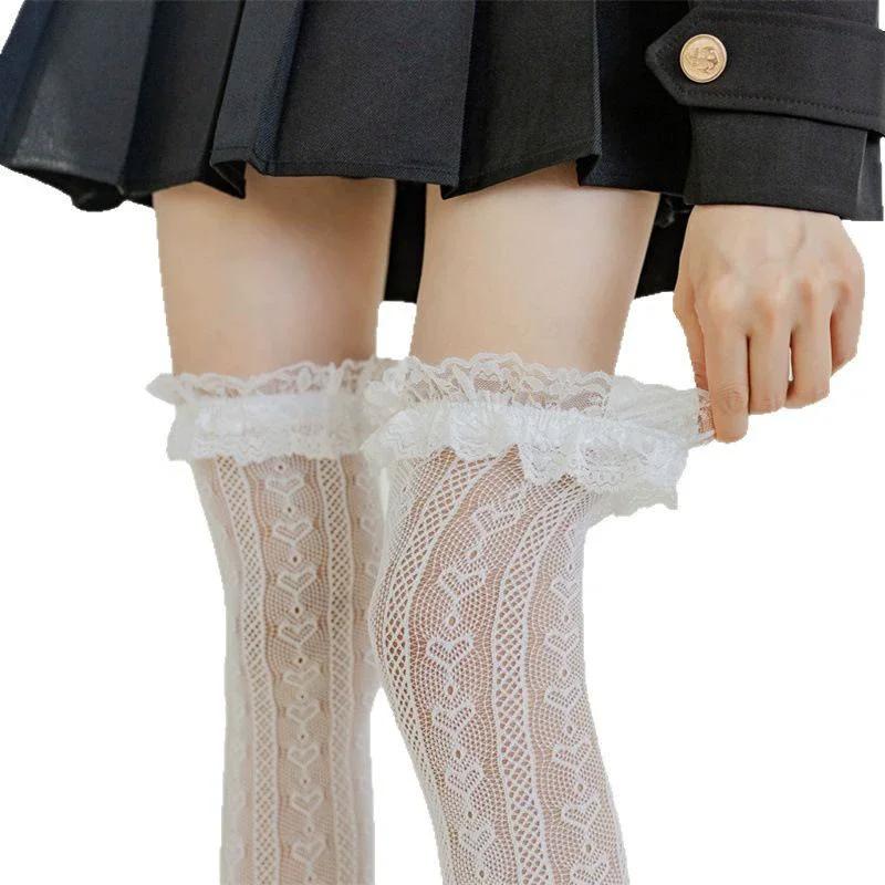 Spring Autumn Thin Lace Hollow White Thigh High Lolita Socks For Women Jk Cute Black Long Stockings