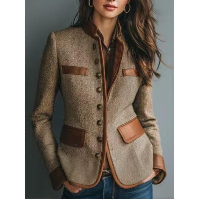 

French Retro Velvet Color Block Woolen Coat for Women Small