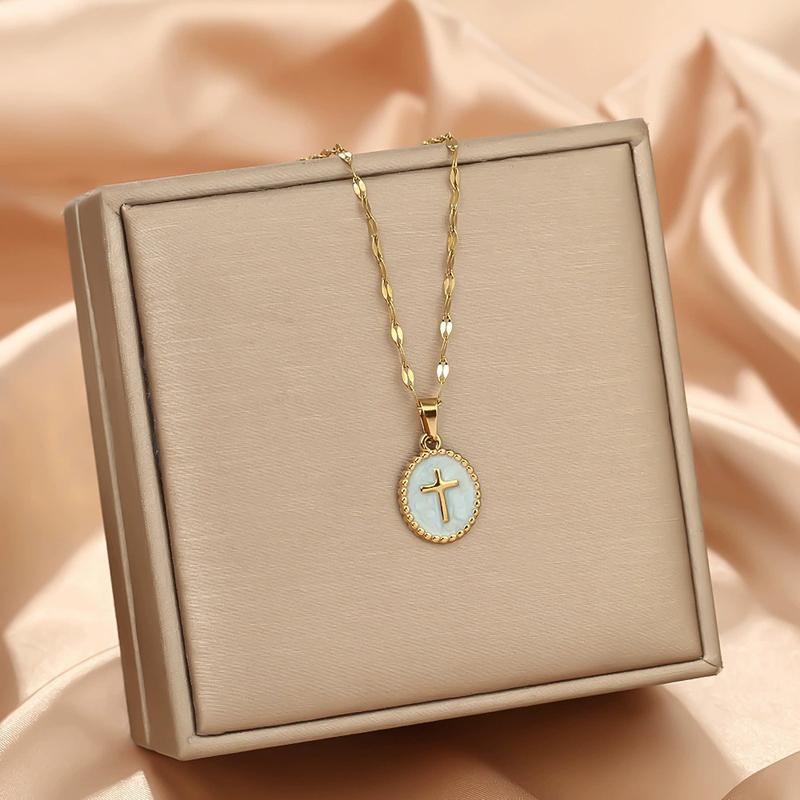 Stainless Steel Cross Pendant Necklace for Women Men Simple Round Colorful Drop Oil Necklace Vintage Punk Versatile Jewelry Gift