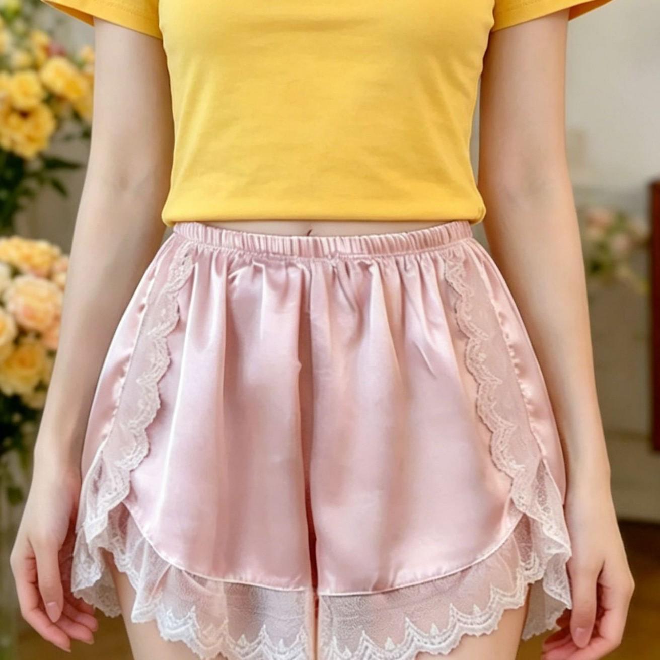 

Women s Lace Trim Loose Base Layer Pants, Thin Summer Style, Anti-Exposure, Indoor/Outdoor Safety Shorts L [100-120 lbs] шампанського