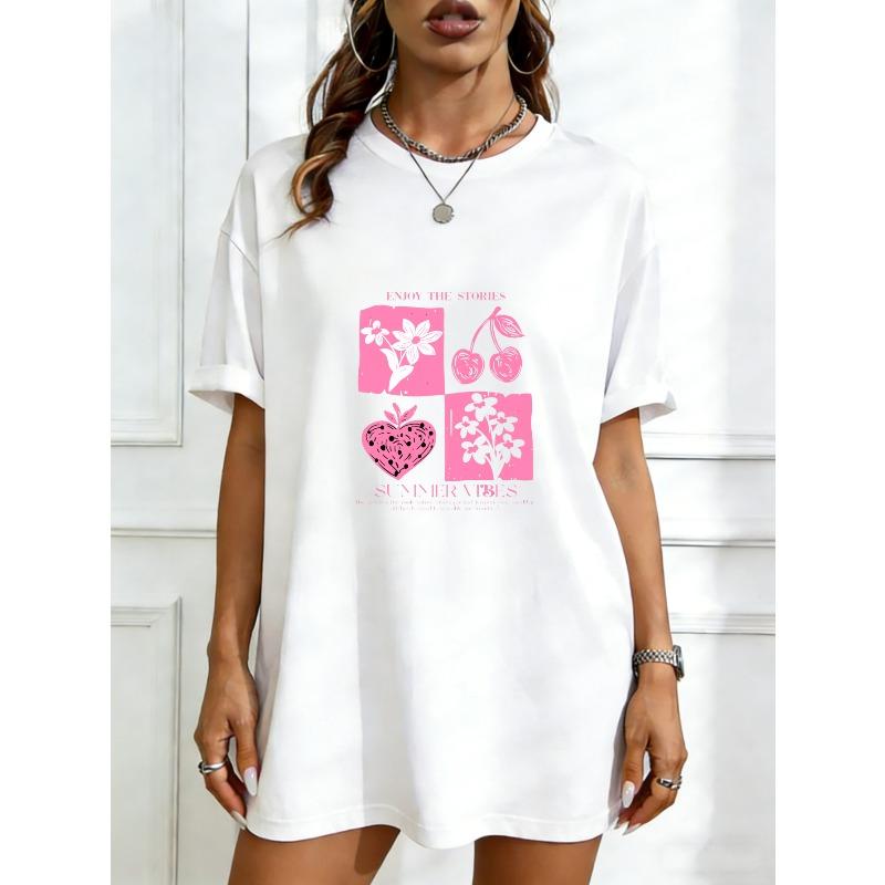 Oversized T Shirt Black Summer Vibes Cherry Flower Pattern And Text Graphic Print Casual Streetwear For Women