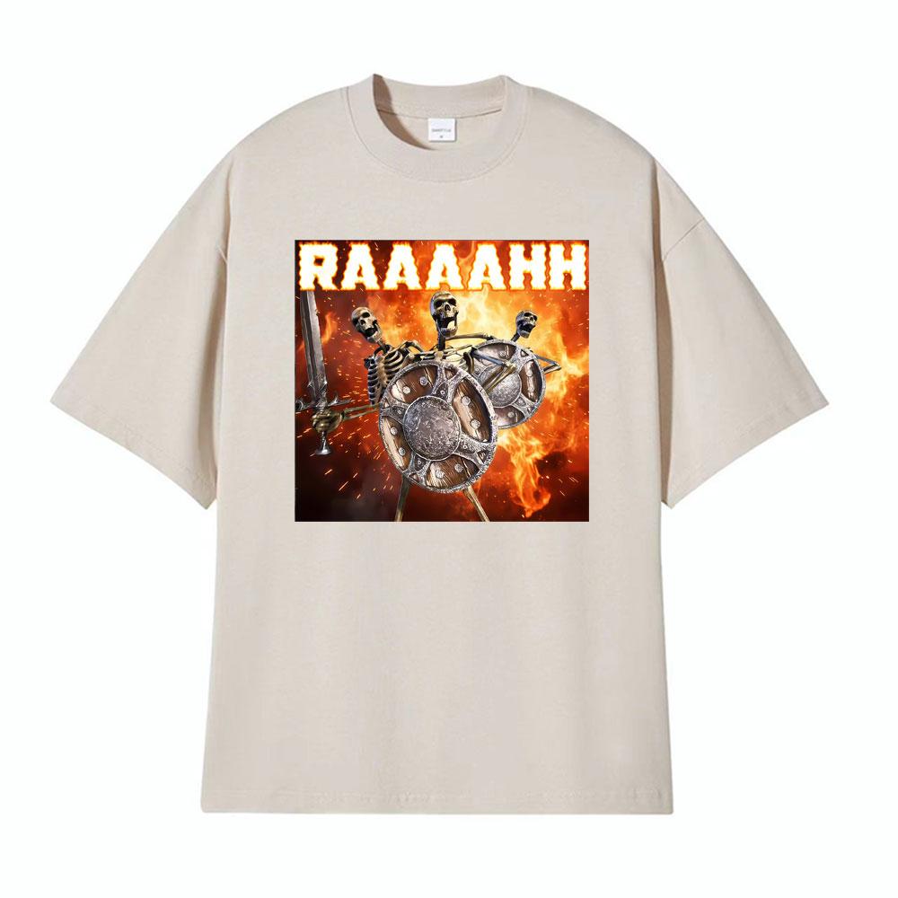 

RAAAAHH Skeleton Banging Shield Funny Meme T Shirts Unisex Women Fashion Street Trending TShirt Pure Cotton Casual Comfort Tshirt 3XL