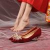 Red Wedding Shoes 2025 French Main Wedding Bridal Shoes Pointed Stiletto Suede Low Heel Single Shoes Women's 3