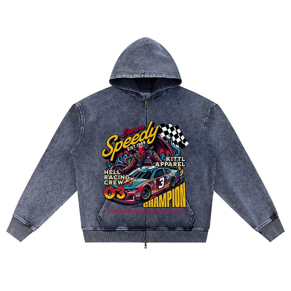 DTG print Knitted Denim Zip-Up Hoodie Demon Nascar Brother Print Zipper Hoodies  