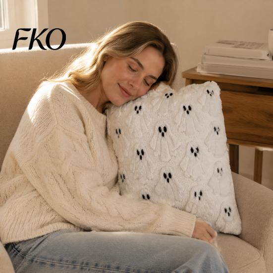 Seasonal Halloween Bedroom Accessories Ghost Cushion Cover, Fuzzy Throw Pillow 18x18 Inch Festive Living Room Sofa Decor Washable Plush Case for Couch