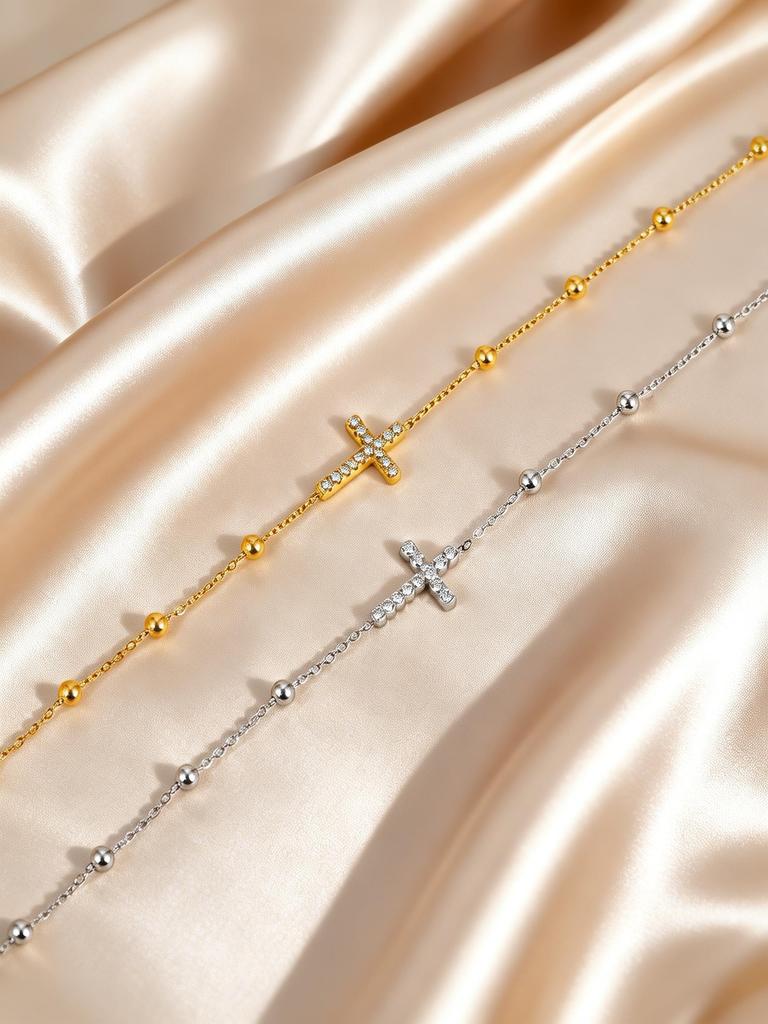 Dainty Cubic Zirconia Cross Bracelet Stainless Steel Thin Link Beads Chain 18K Gold Plated Bracelets for Women Luxury Jewelry